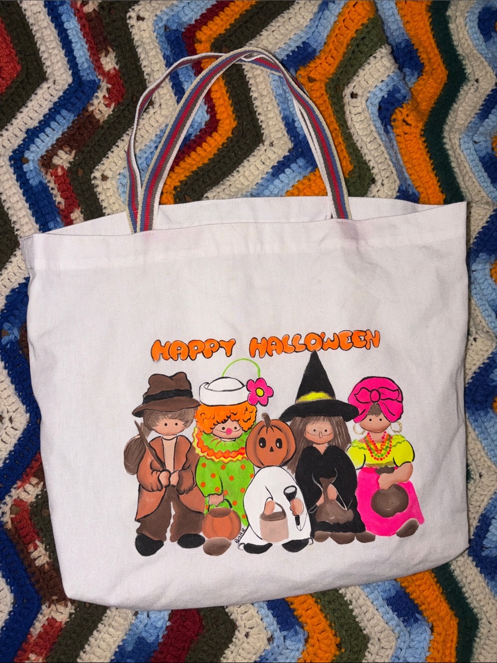 White Hand Drawn Halloween Trick-or-Treat Tote with Cute Character Art